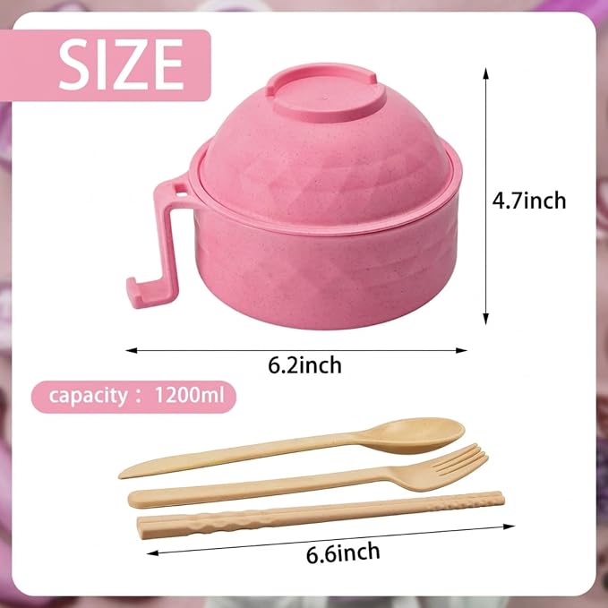1 Set Microwave Ramen Cooker 40oz Wheat Straw Microwave Noodle Bowl Set with Chopsticks, Spoon, Fork, College Dorm Office Apartment Essentials (Pink)