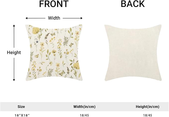 Spring Pillow Covers 18x18 Inch Set of 2, Mustard Yellow Green Wild Flower Throw Pillows Case,Colorful Seasonal Floral Plant Outdoor Decorative Farmhouse Decor Cushion Covers for Sofa Bed Couch