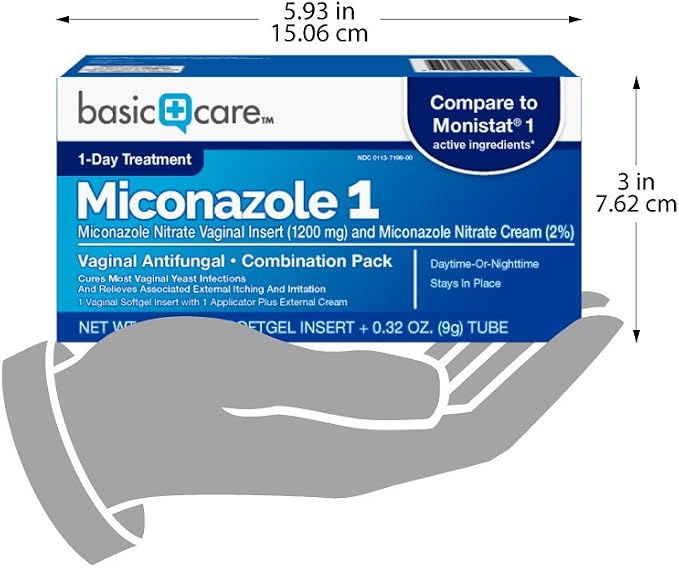 Amazon Basic Care Miconazole Nitrate Vaginal Insert 1200 mg and Miconazole Nitrate Cream 2%, 1-Day Treatment, Relieves Itching, Vaginal Yeast Infection, 0.32 Ounce, 1 Count