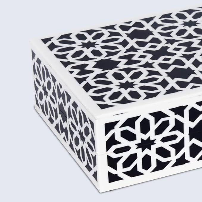 Handicrafts Home Small Decorative Storage Box with Lid, Black White Persian Tile Keepsake Box, Moorish Rosette Trinket Box for Jewelry, Desk Organizer & Coffee Table Decor, Shiraz 8 x 5 x 2