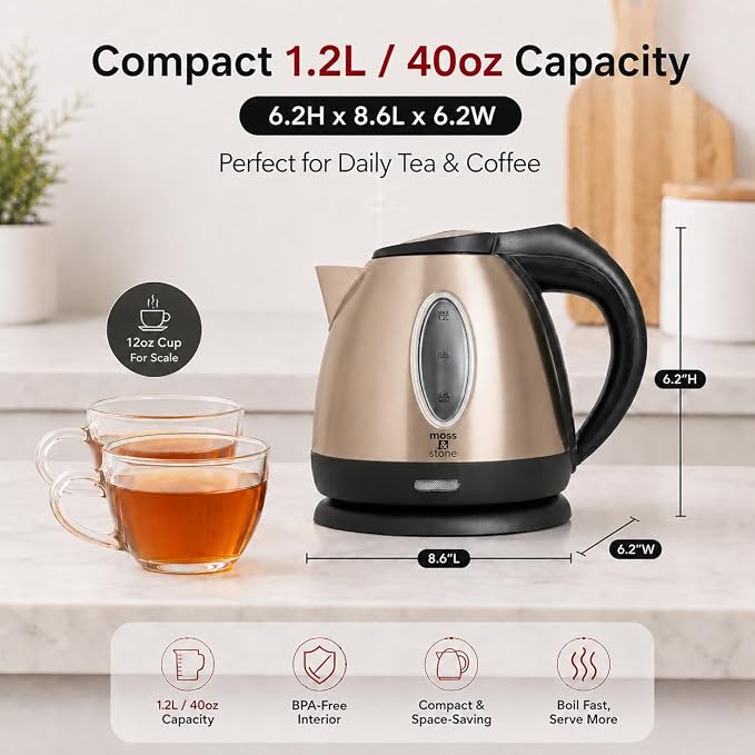 Moss & Stone 1.2L Stainless Steel Small Electric Kettle, Cordless 1500w Fast Boiling Pot, Portable Hot Water Electric Tea Kettle With Boil Dry Protection & Auto Shut-Off (Champagne)