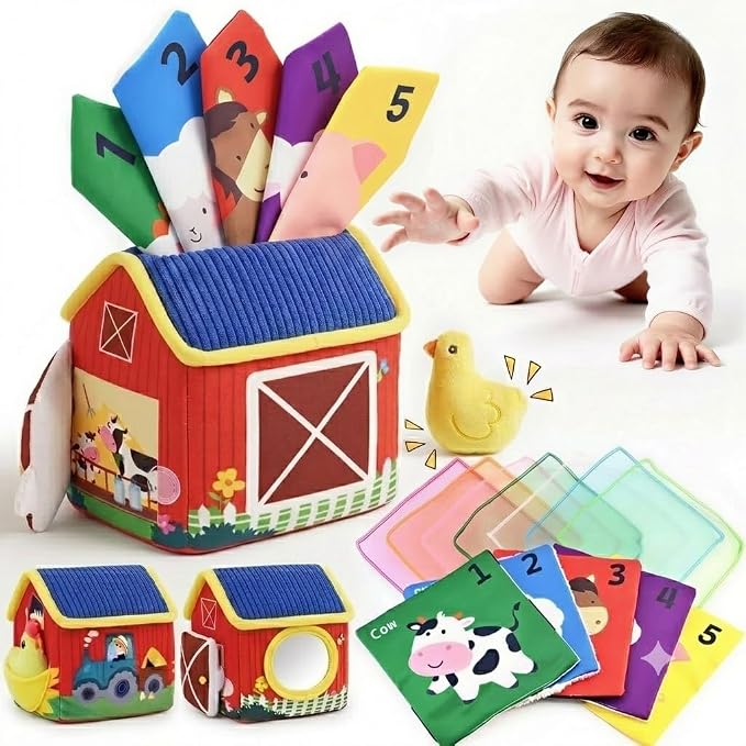 weirtoya Baby Tissue Box Toy-Montessori Sensory Activity Center for 6-18 Months,Farm Animals, Squeaky Sounds, Safety Mirror Play Silks, Top Choice for Baby Registry, Easter Baskets & Birthday Gifts