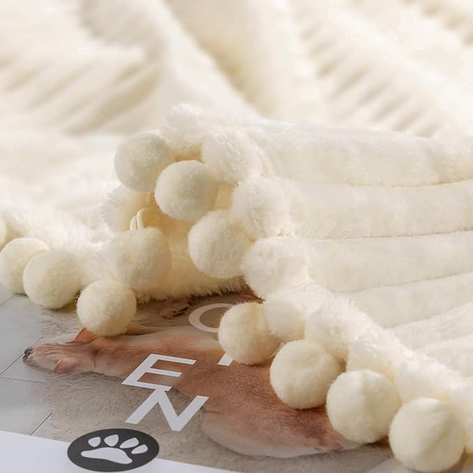 DISSA Fleece Blanket Twin Size – 60x80, Beige - Soft, Plush, Fluffy, Fuzzy, Warm, Cozy – Perfect Throw for Couch, Bed, Sofa - with Pompom Fringe - Flannel Blanket