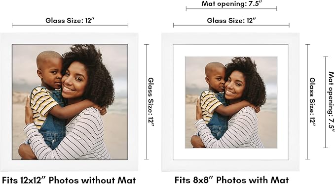 Americanflat 12x12 Picture Frame with Shatter-Resistant Glass - Use as 8x8 Frame with Mat or Display 12x12 Photo Without Mat - Signature Collection - Square Frames for Wall Display - White | Shatter-resistant glass, sawtooth hangers included, fits phot...