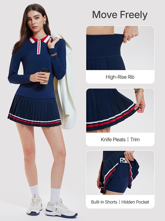 Women's 2-Piece Tennis Skirt Set, Polo V-Neck Top & High-Waisted Pleated Skirt, Athletic Outfit for Golf Pickleball