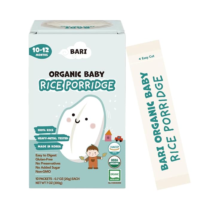 BARI Organic Baby Rice Porridge – Stage 3 – For Babies 10+ Months | USDA Organic, Heavy Metal Tested, Korean Rice Cereal, No Added Sugar, Gluten-Free | 7.3 oz (10 Packets)