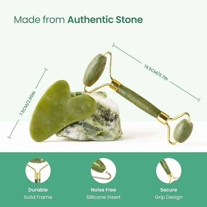 PLANTIFIQUE Jade Roller & Gua Sha Set – Real Jade Facial Tools for Skin Care Routine – Certified Face Massager for Radiant Skin