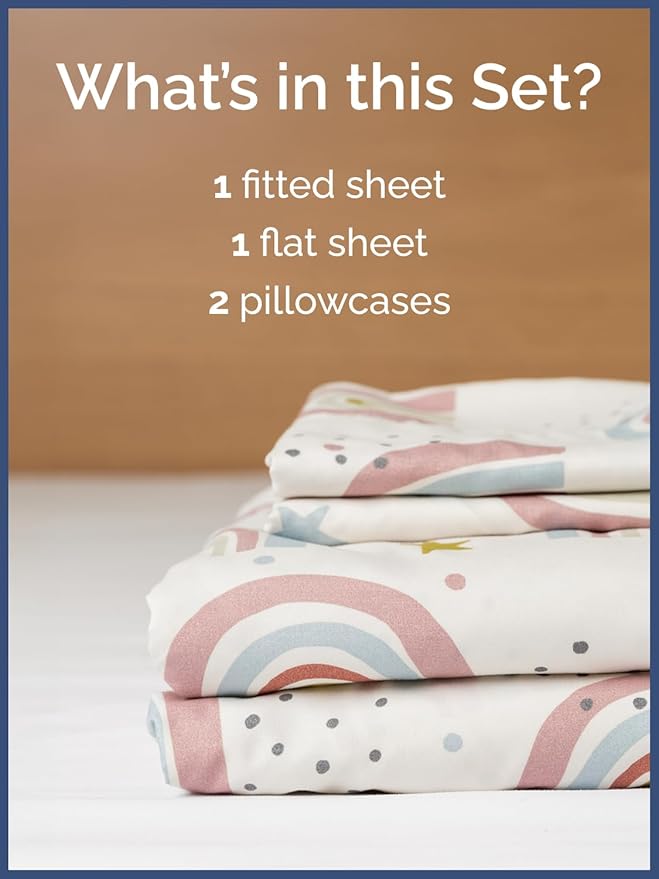Kids Queen Size Bed Sheet Set - 4 Piece Kids Loft Bed Sheets - Rainbow Star Theme Bedding - Soft, Cute and Cozy - Breathable and Machine Washable - Colorful Bed Set for Boys, Girls, Teens & Toddlers