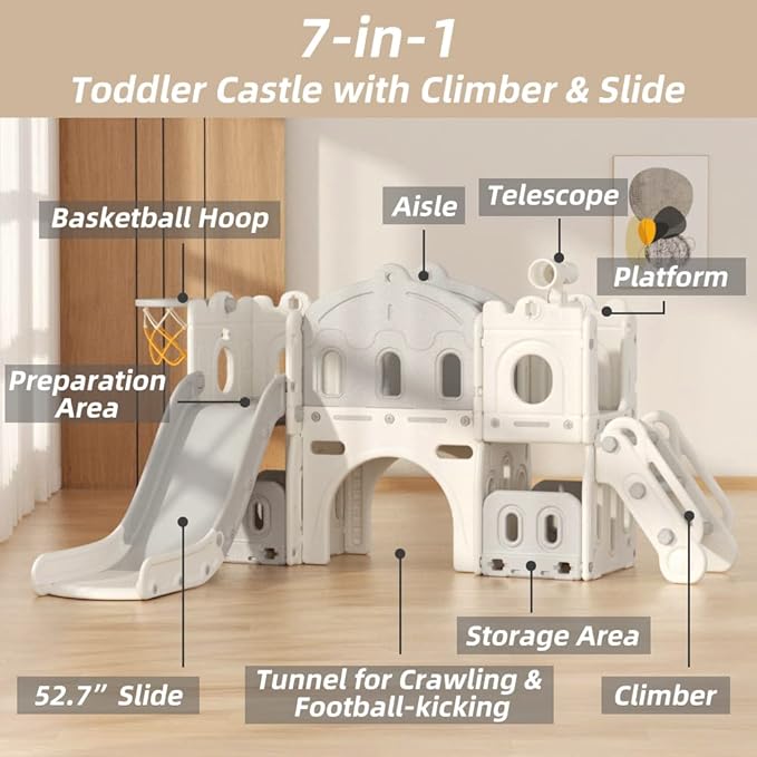 YUFU 8 in 1 Kids Slide for Toddlers Age 1-3, Kids Playset with Basketball Hoop and Ball, Indoor Outdoor Playground