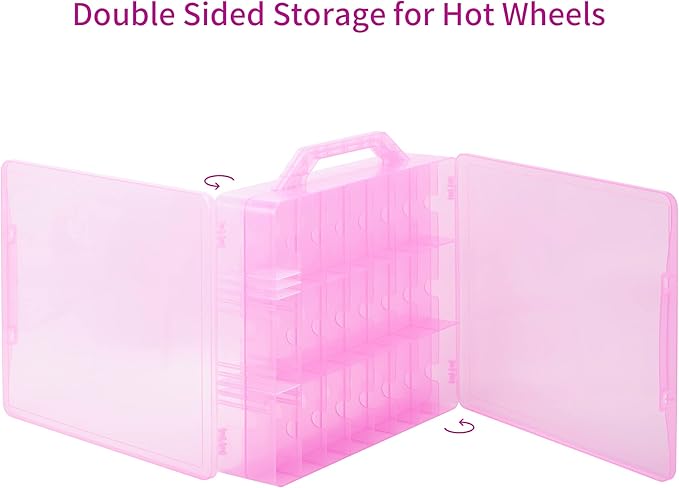 Double Sided Toy Car Storage Case for 48 Cars, Pink, Rectangular, Plastic, Wall Mount, 13.4 x 11.8 inches