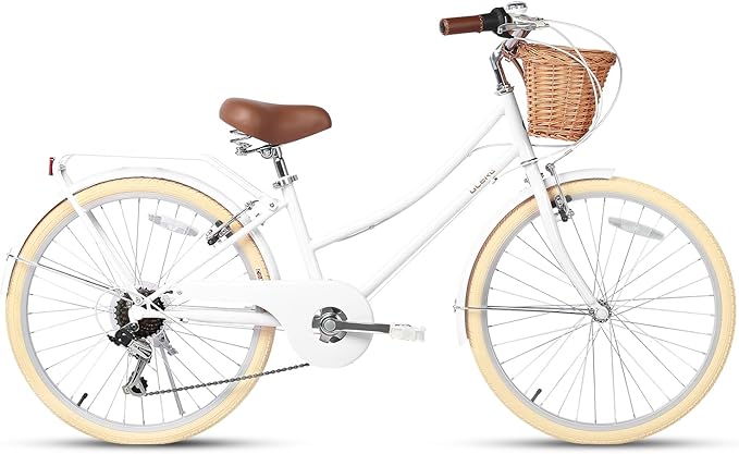 Glerc 20 24 26 Inch Beach Cruiser Bike, 6-Speed Hybrid City Bicycle for Girls Youth and Over 6 Years Old, Missy Bike with Wicker Basket & Lightweight, Multiple Colors