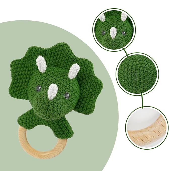 Baby Toys Stuffed Animals Handbell,Triceratops Rattle Toy Wooden Rattle Toys for Baby,Knit Stuffed Animal Cute Rattle with Teether Ring Newborn Birthday Gifts（Triceratops）