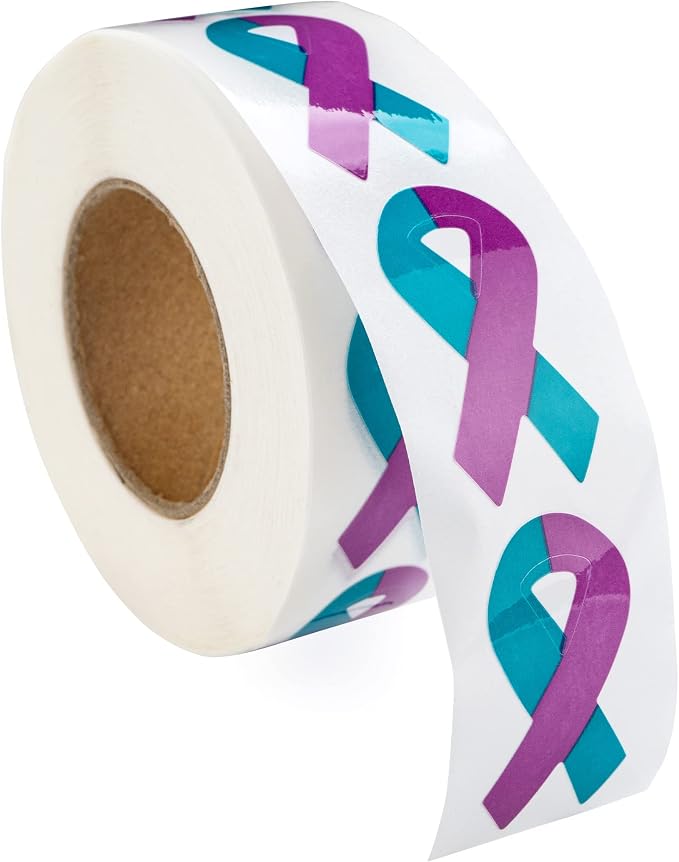 Small Teal & Purple Ribbon Awareness Stickers for Sexual Assault & Suicide Awareness - Perfect for Events, and Fundraising (1 Roll -250 Stickers)