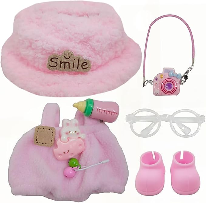 Doll Clothes Outfit and Accessories Suitable for 17cm Dolls, 5 Piece Set Romper Hat Camera Backpack Glasses Shoes (No Doll) Pink
