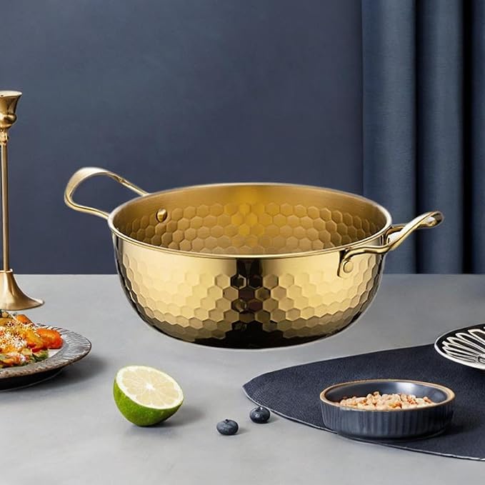 Generic Korea Ramen Pot, Stainless Steel, Gold, 22cm, No Lid, Portable, Fast Heating, Multifunctional, Suitable for Home, Kitchen, Camping, Picnic, Restaurant