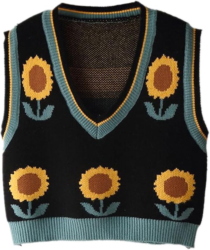 Women's Sweater Vest,Y2K Sleeveless Pattern Preppy Style Knitted Crop Tank Top for Girl