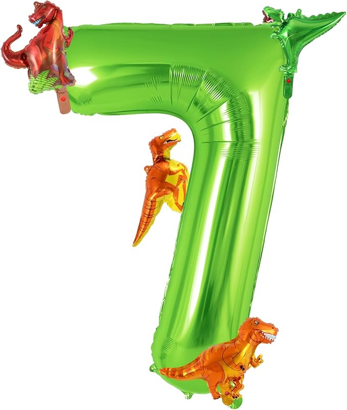 Dinosaur Green Number 7 Balloon, 40 Inch Big Large Foil Helium Green Number Balloon with 4 Pcs Mini Dinosuar, Dinosuar Mylar Balloons Set for 7 Year Old Birthday Party Decorations Supplies