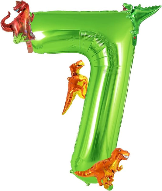 Dinosaur Green Number 7 Balloon, 40 Inch Big Large Foil Helium Green Number Balloon with 4 Pcs Mini Dinosuar, Dinosuar Mylar Balloons Set for 7 Year Old Birthday Party Decorations Supplies