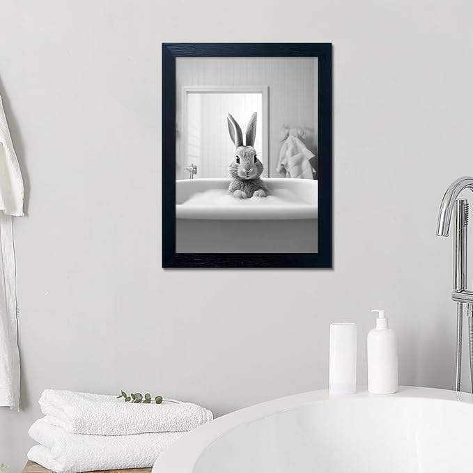 Funny Kids Bathroom Wall Decor, Black and White Cute Animal Canvas Wall Art, Black Framed Rabbit in Bathtub Farmhouse Picture Wall Decor Print Artworks for Bathroom