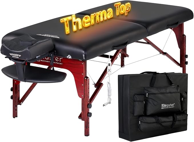 Master Massage 31" Montclair Heated Portable Massage Table with Therma-Top System, Reiki End Panels & Shiatsu Cable Release – Professional Spa Lash Bed – Black