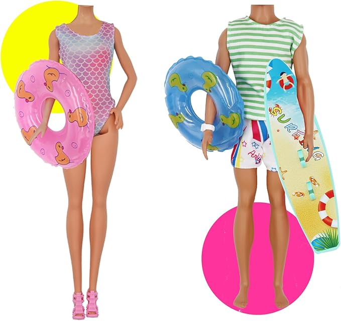 42Pcs Doll Clothes and Swimming Accessories for 12 inch Boy and Girl Dolls Includes Bikini Swim Suit Swim Trunks Skateboard Lifebuoys Chair Diving Swimming Sets for 12 inch Doll Beach Style