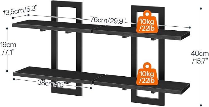 HOOBRO Floating Shelves, 15 Inch Wall Shelf Set of 2, Wall Mounted Storage Shelves 2-Tier, Hanging Bathroom Shelves, for Living Room, Bedroom, Bathroom, Kitchen, Black BK32BJ01