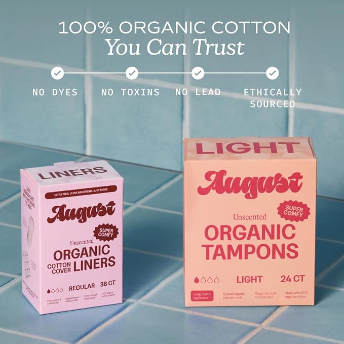 August Organic Cotton Tampons, 96 Light Tampons Made with Organic Cotton, Long Applicators, Non-Toxic, Fragrance-Free, Chlorine-Free, and Hypoallergenic (6 Boxes of 16/12 Boxes of 8)