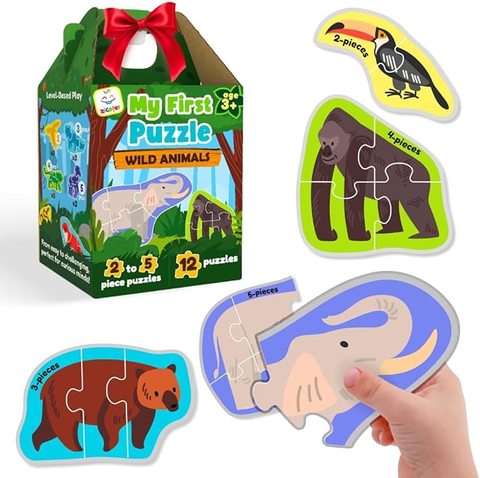 My First Puzzle | Montessori Puzzle Toy | 12 Graded Wild Animals Puzzle | Activity Puzzle for Early Learners | 2 to 5 Piece Puzzle Set for Toddlers | Puzzle for 3+ Year Old Kids