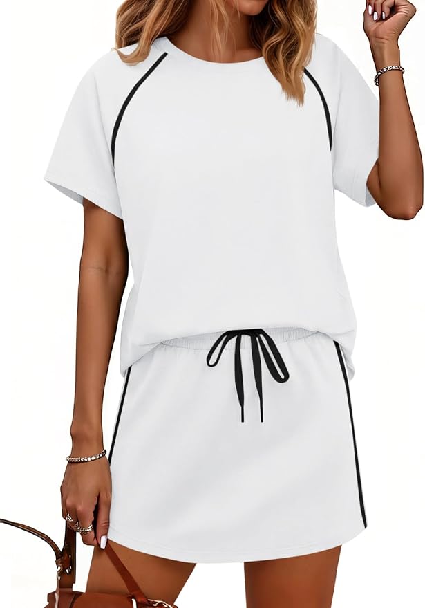 Womens 2 Piece Skirt Sets Summer Tennis Outfits Vacation Skort Set | Two Piece Sets, Short Set, Athletic Workout Golf Outfits, Crew Neck, Color Block, Drawstring, Workout Mathcing Lounge Sets