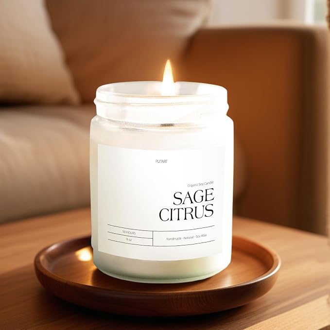 Sage Citrus Candles for Home Scented, 9oz Natural Soy Aromatherapy Non Toxic Candles with Long Lasting Fragrance & Clean Burn, Luxury Jar Candle Gift for Women, Men, Home Decoration, White