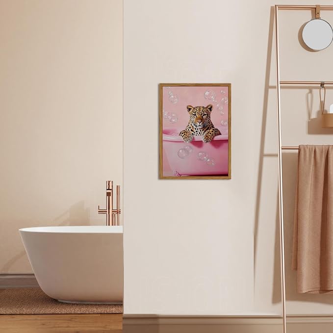 Funny Cheetah Bathroom Wall Art, Pink Leopard in Bathtub Wall Decor Paintings, Cute Animal Bathroom Poster Canvas Prints Maximalist Dopamine Girl Washroom Artwork 16x24 inch Framed