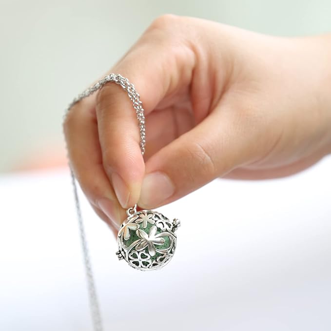 2PCS Aromatherapy Essential Oil Diffuser Necklace Love Heart and Hollow Ball Locket Pendant Necklace with Lava Bead Stone for Women