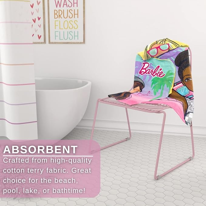 Barbie Bath/Pool/Beach Soft Cotton Terry Hooded Towel Wrap, 24 in x 50 in, By Franco Kids