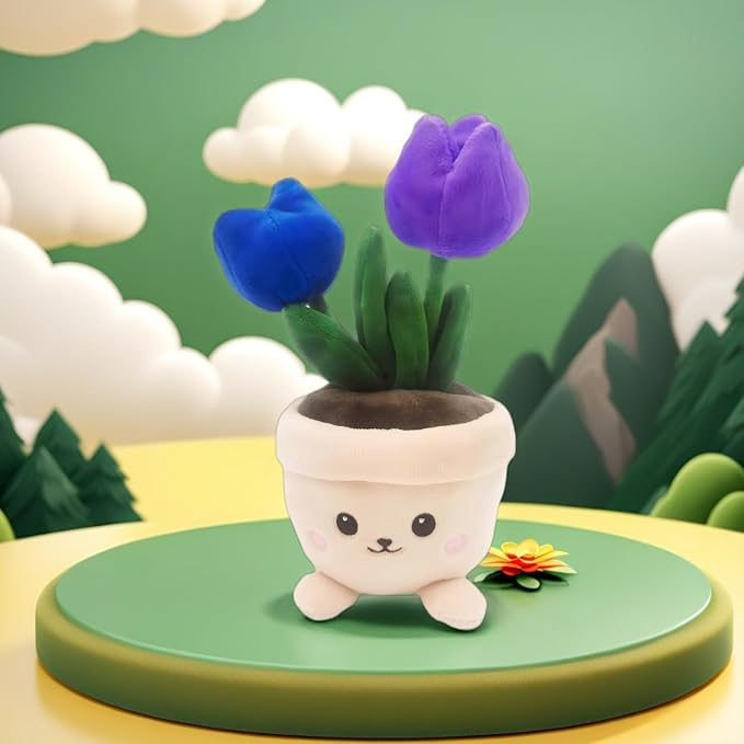 Stuffed Plant Plush Toy, Happy Face Flower Plushies Plant Pillow Decorationr with Natural Scent, Adorable Stuffed Flower for Christmas Horror Plush Halloween(Purple Tulip)