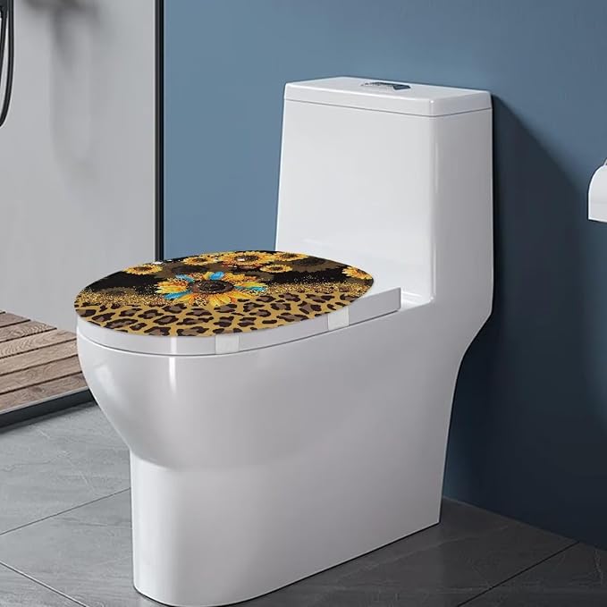 Leopard Print Toilet Seat Lid Cover Sunflower Toilet Seat Lid Covers with Elastic Band Leopard Print Round Toilet Lid Cover Universal Toilet Tank Cover Replacement
