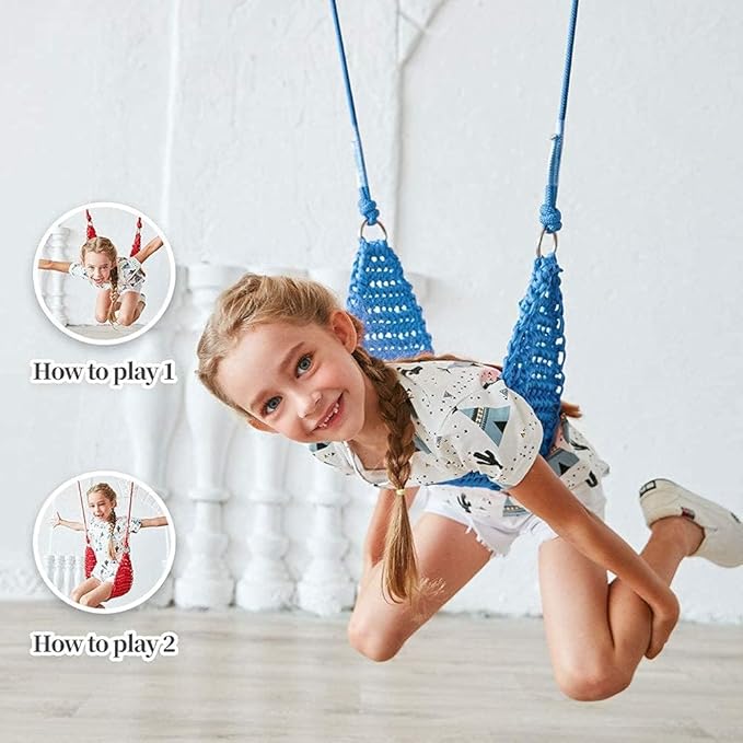 Hand-Knitting Kids Swing, Indoor Outdoor Portable Tree Swing Seat,Adjustable Ropes, with Hanging Strap and Snap Hook for Camping Hiking Backyard Playset and Playroom, Easy Install(Blue)