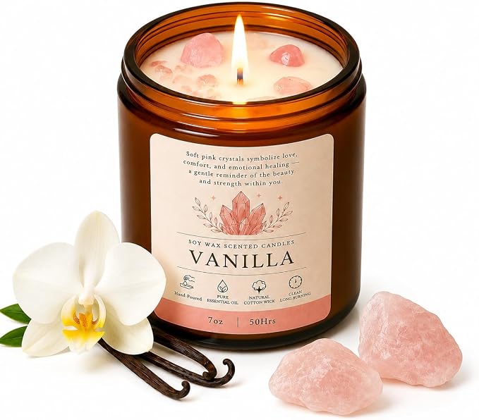 Vanilla Soy Candle with Crystal 7oz Scented Candles Aromatherapy Candle | Up to 40 Hours Burning Time | 100% Natural Soy Wax Jar Candle for Home Yoga | Gift Crystal Candle for Women