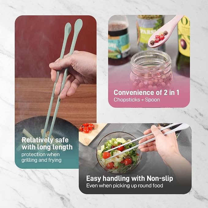 Reusable Long Silicone Cooking Chopsticks with Spoon - 12 Inches 3 Color Set, Eco-Friendly, Heat-Resistant, Non-Scratch, Korean, Japanese Asian Kitchen cookware. (Pink, Green, Grey, 3 Pair)