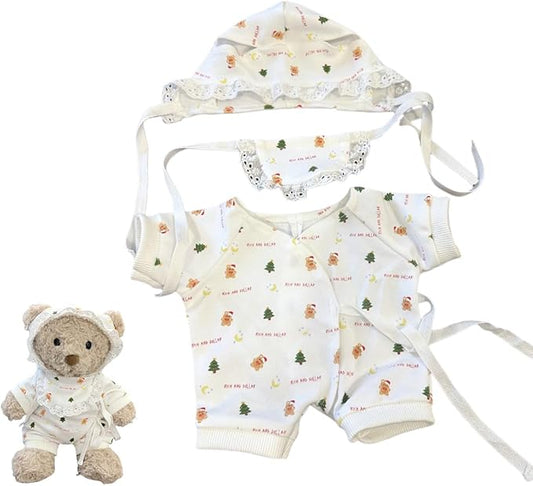 9-12"/30cm Plush Doll Pajama Set: 3-Piece (Onesie + Bib + Bonnet) for Teddy Bear Clothes for Medium Bartholomew Bear（NO Doll）