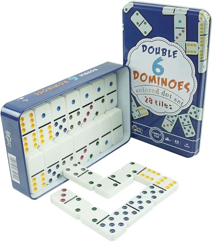 PUREPLAY Double 6 Colored Dot Dominoes Game Set,28 Pieces Dominoes Tiles with Reusable Collectors Tin,Domino for Adults-Party Favors and Anytime Use,for 2 or More Players