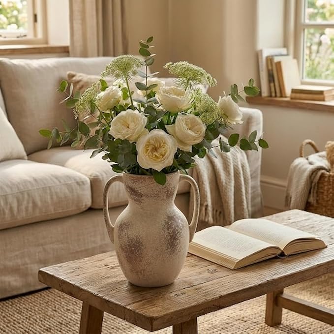 Emotionally Grounded Vase, Vaseking Large Ceramic Rustic Vase with 2 Handles, 8.6 inch Minimalist Decorative Farmhouse Tall Vases for Home Decor, Living Room, Enterway, Wedding, Fired Terra Clay