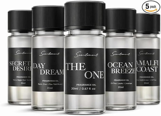 Scentiment Luxury Hotel Scents – 5 Diffuser Oil Set | Secret Desires, Day Dream, The One, Ocean Breeze & Amalfi Coast | Fresh Floral, Woody & Citrus Scents Home Fragrance Oils 5 x 0.68 fl oz (20 mL)