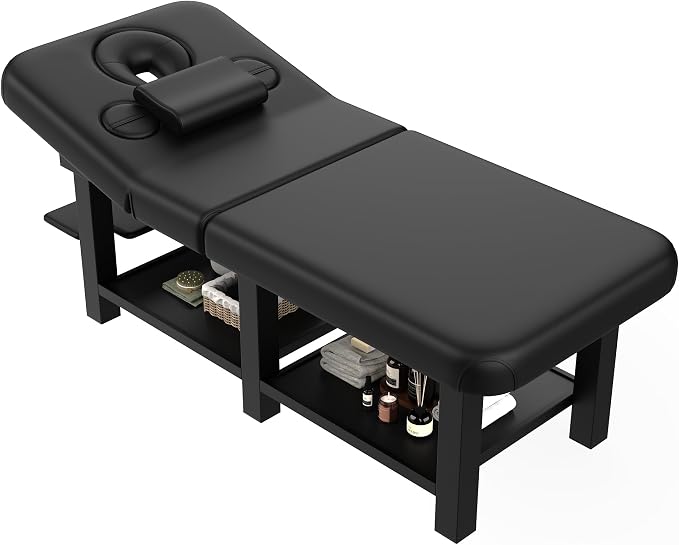 Extra Large 34''×80'' Folding Stationary Massage Table with Adjustable Backrest, Heavy-Duty Metal Frame PU Leather Treatment Bed for Spa, Physical Therapy, Tattoo, Facial & Medical Exam - Black
