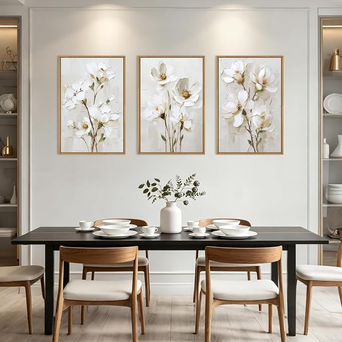 FWIEXA 3D Beige White Floral Canvas Wall Art Set 3,Texture Neutral Flower Framed Prints,Modern Abstract Aesthetic Botanical Paintings,24x36In Watercolor Minimalist Magnolia Artwork for Living Room,Bedroom,Office