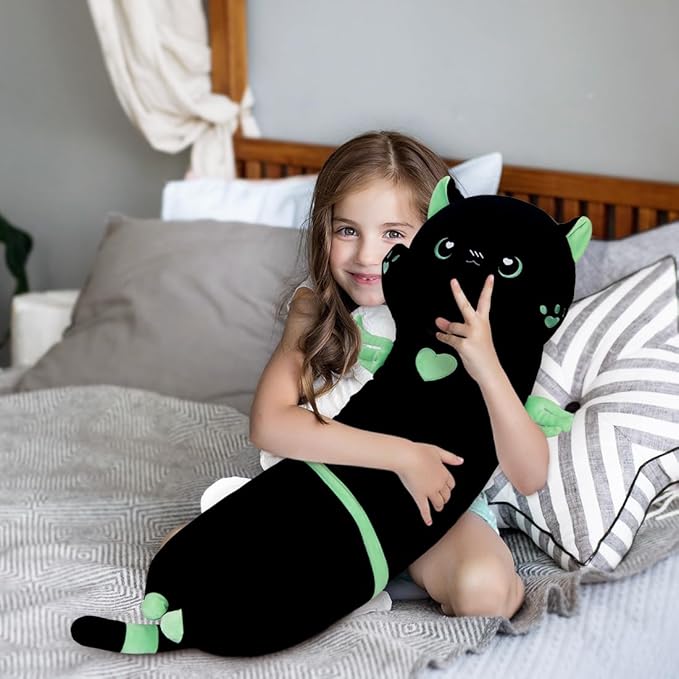 Long Cat Body Pillow for Kids, Cute Cat Stuffed Animals Gifts for Girls, Long Cat Plush Toy for Birthday, Soft Cat Plushies Pillow (AngelCat Green, 43.3in/110cm)