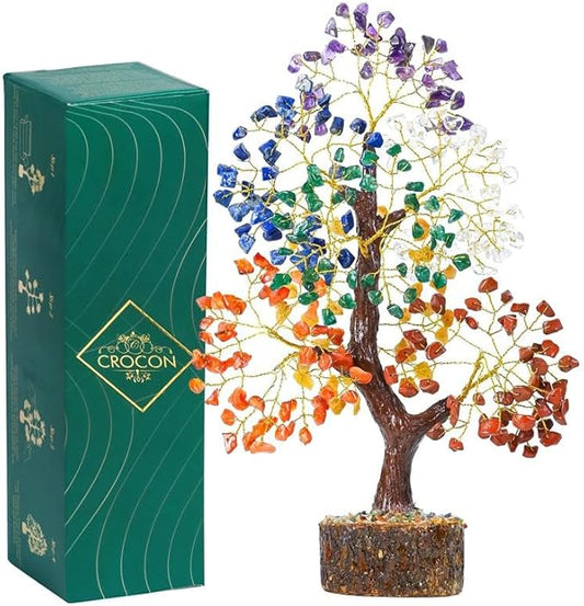 Crocon Natural Trunk 7 Chakra Healing Crystal Tree of Life Gemstone Tree for Good Luck, Positive Energy, Reiki Healing, and Home Office Room Decor Unique Gift for Women Mom & Sister for Birthday
