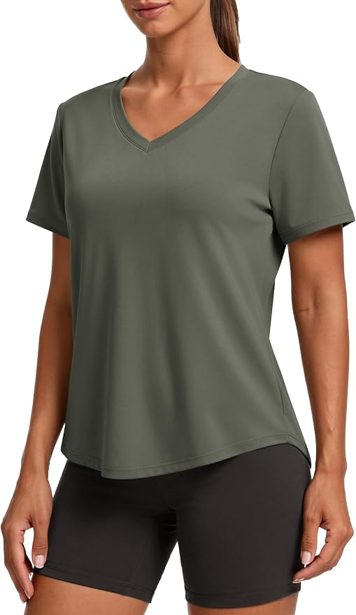 PINSPARK Soft Workout Tops for Women Short Sleeve V Neck Moisture Wicking UPF 50+ Sun Protection Quick Dry Gym Shirts