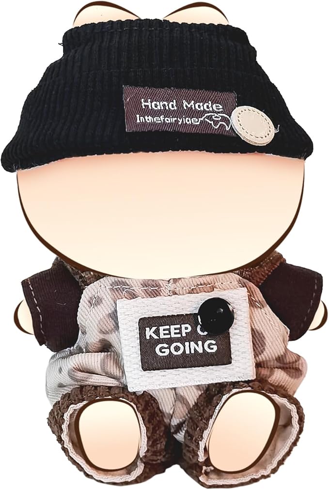 Doll Clothes for 17cm Dolls, Cute Outfit Set with Accessories, Bucket Hat and Overalls (No Doll) (Black Overalls Set)
