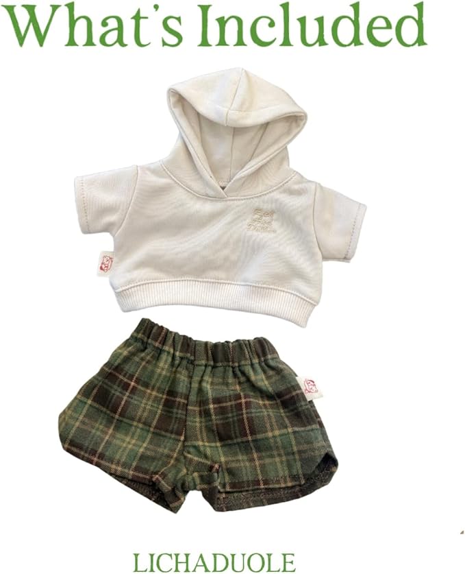 9-12''/30cm Plush Animals Clothes Cotton Hoodie & Checkered Shorts Set for Bashful Bunny and Teddybear(NO Doll)