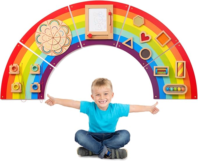 Monläurd® Wooden Rainbow Busy Board - Sensory Wall Activity Panel for Toddlers & Babies, Fine Motor Skills Development, Educational Screen-Free Toy for Playroom, Nursery, Daycare